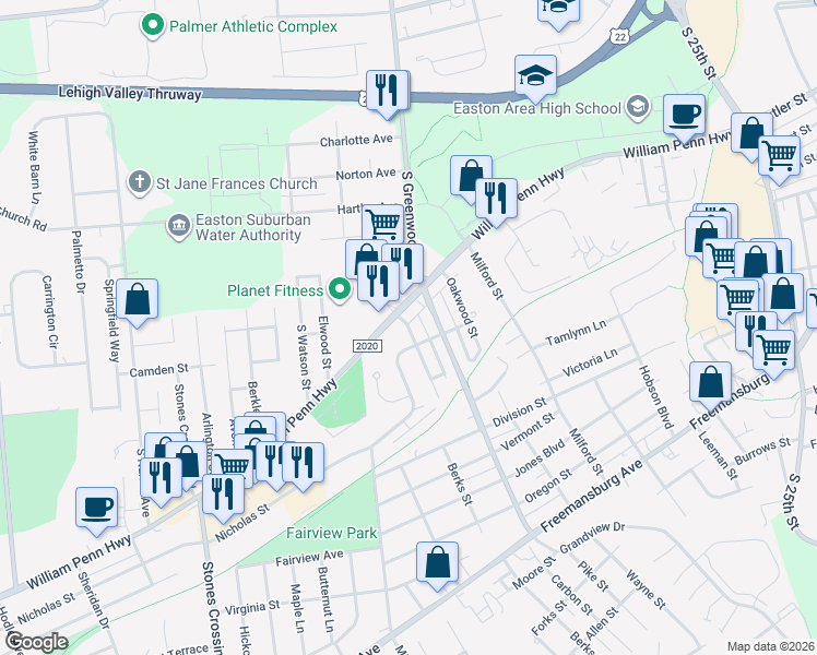 map of restaurants, bars, coffee shops, grocery stores, and more near 508 Kingwood Street in Easton
