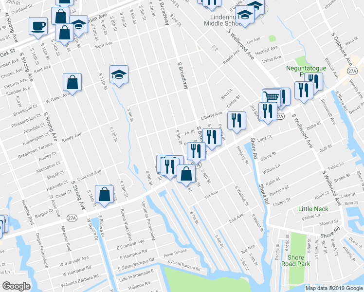 map of restaurants, bars, coffee shops, grocery stores, and more near 550 South 5th Street in Lindenhurst