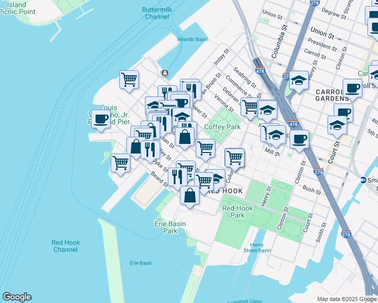 map of restaurants, bars, coffee shops, grocery stores, and more near 43 Wolcott Street in Brooklyn