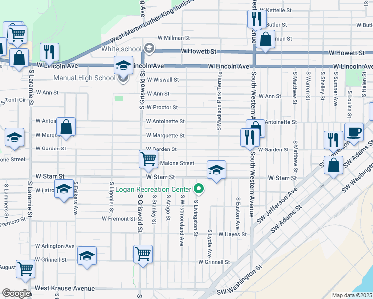 map of restaurants, bars, coffee shops, grocery stores, and more near 2299 West Garden Street in Peoria