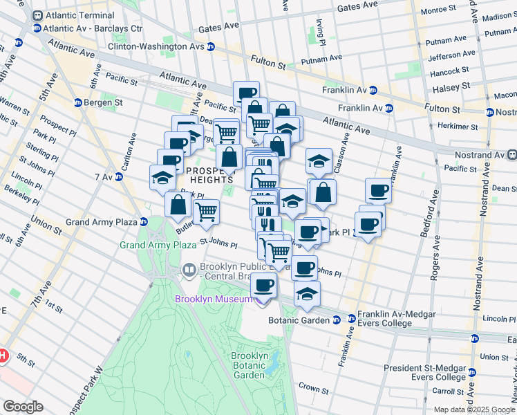 map of restaurants, bars, coffee shops, grocery stores, and more near 748 Washington Avenue in Brooklyn