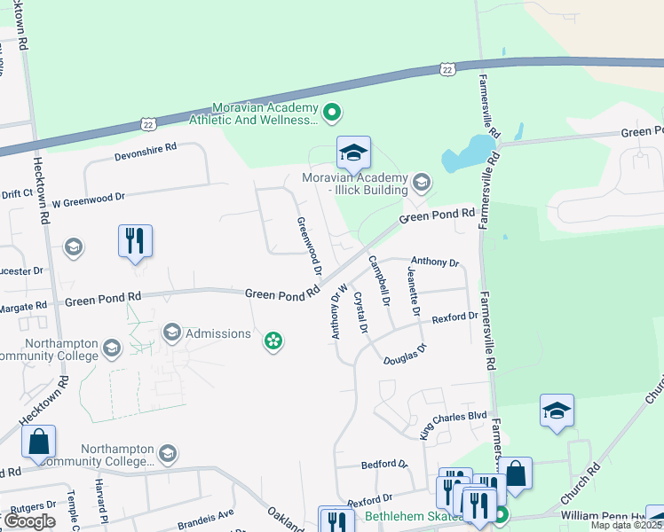 map of restaurants, bars, coffee shops, grocery stores, and more near 4253 Green Pond Road in Bethlehem