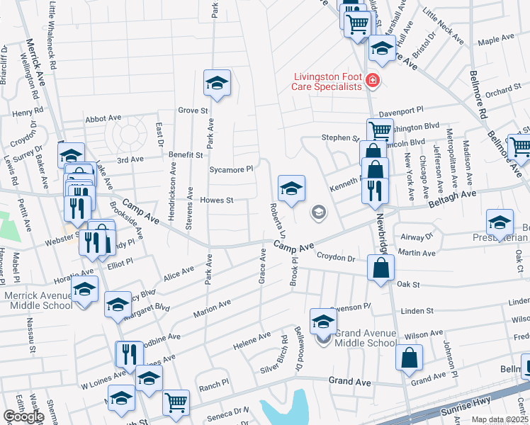 map of restaurants, bars, coffee shops, grocery stores, and more near 2336 Birch Street in Merrick