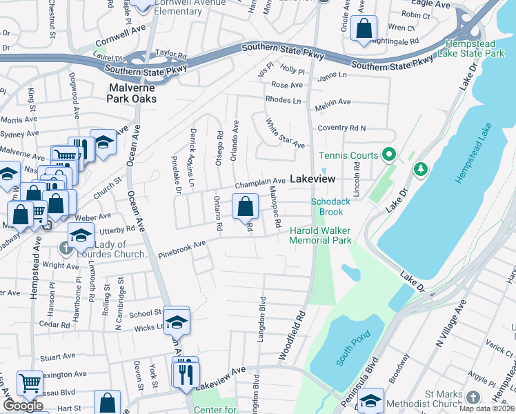 map of restaurants, bars, coffee shops, grocery stores, and more near 10 Keuka Road in West Hempstead