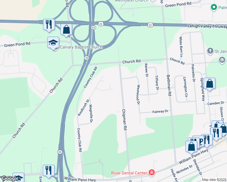 map of restaurants, bars, coffee shops, grocery stores, and more near 5110 Wisteria Drive in Easton