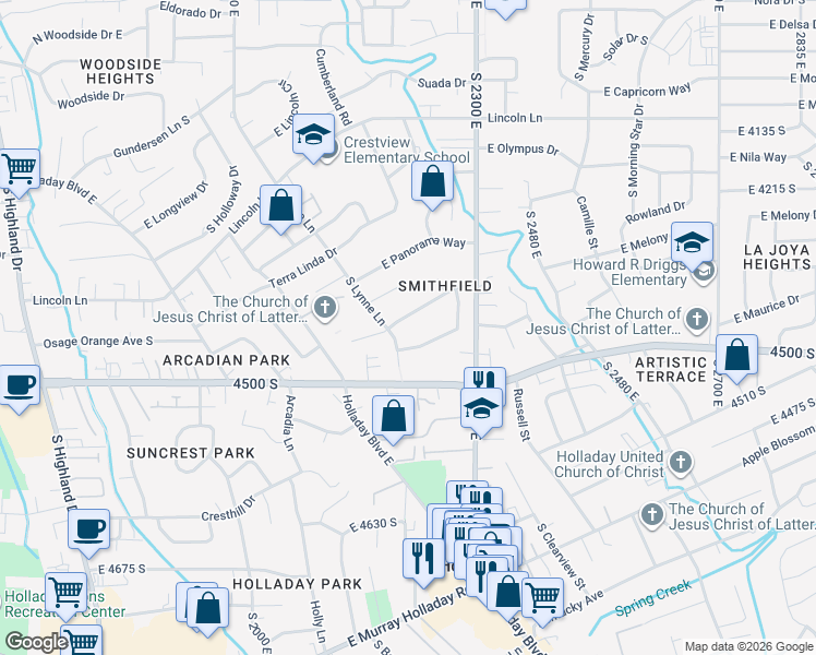 map of restaurants, bars, coffee shops, grocery stores, and more near 2227 East Lauri Kay Drive in Holladay