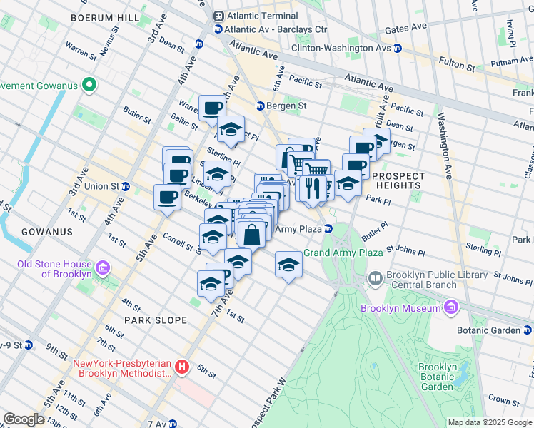map of restaurants, bars, coffee shops, grocery stores, and more near 58 7th Avenue in Brooklyn