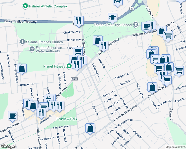 map of restaurants, bars, coffee shops, grocery stores, and more near 524 South Greenwood Avenue in Easton