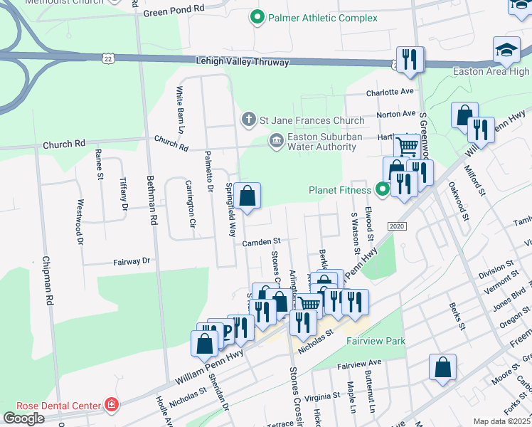 map of restaurants, bars, coffee shops, grocery stores, and more near 350 Stones Crossing Road in Easton