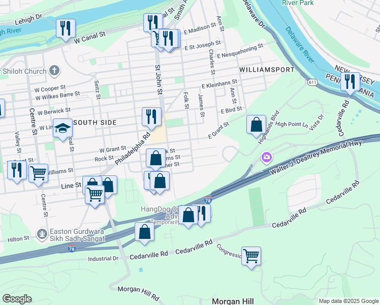 map of restaurants, bars, coffee shops, grocery stores, and more near 109 Palmer Street in Easton