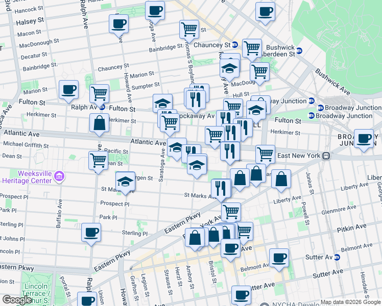 map of restaurants, bars, coffee shops, grocery stores, and more near in Brooklyn