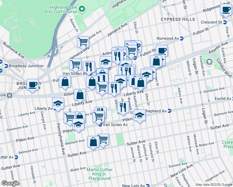 map of restaurants, bars, coffee shops, grocery stores, and more near 572 Liberty Avenue in Brooklyn
