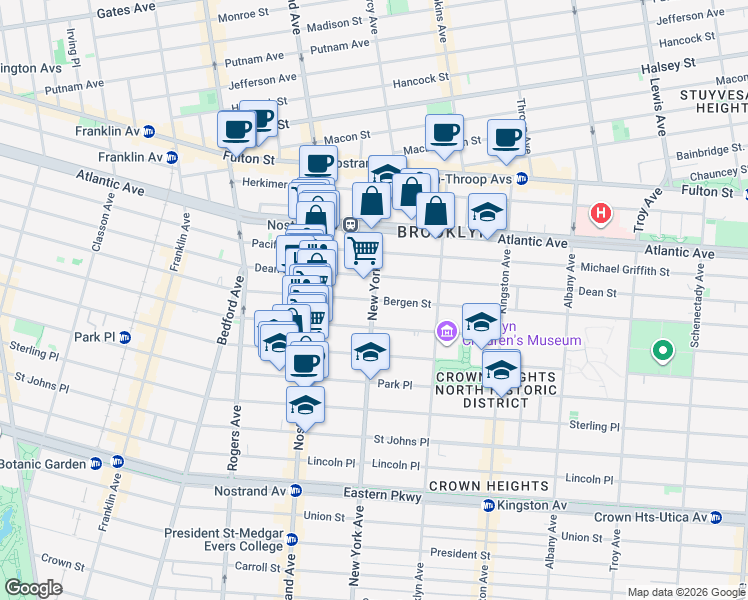 map of restaurants, bars, coffee shops, grocery stores, and more near 123 New York Avenue in Brooklyn