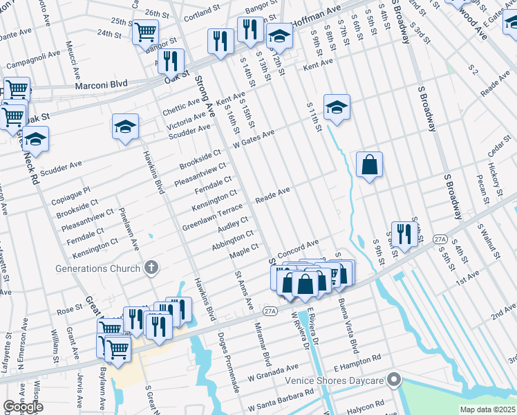 map of restaurants, bars, coffee shops, grocery stores, and more near 408 South Strong Avenue in Lindenhurst