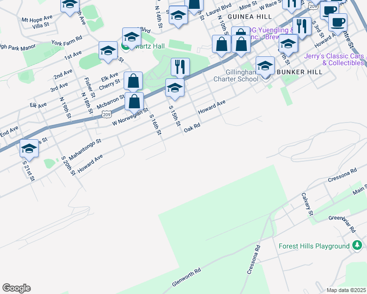 map of restaurants, bars, coffee shops, grocery stores, and more near 1501 Birch Road in Pottsville