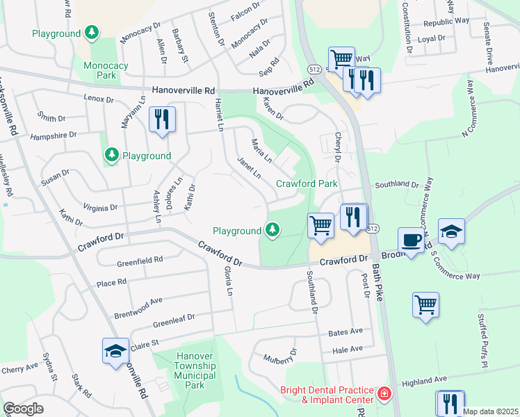 map of restaurants, bars, coffee shops, grocery stores, and more near 4445 Harriet Lane in Bethlehem