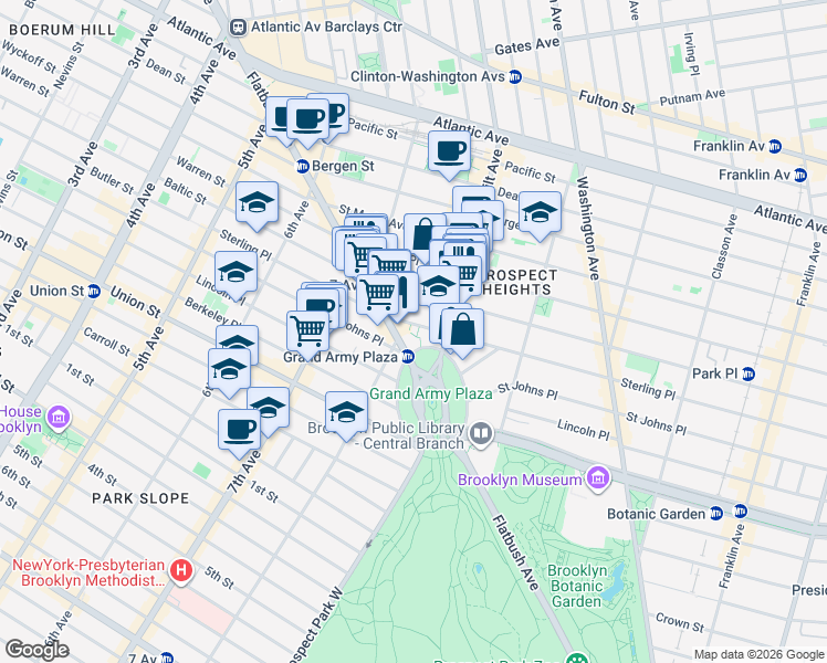 map of restaurants, bars, coffee shops, grocery stores, and more near 387 Flatbush Avenue in Brooklyn