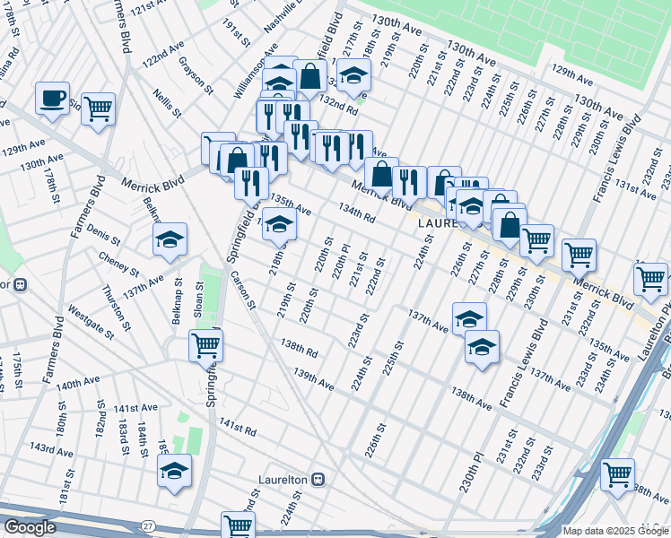map of restaurants, bars, coffee shops, grocery stores, and more near 136-33 220th Place in Queens