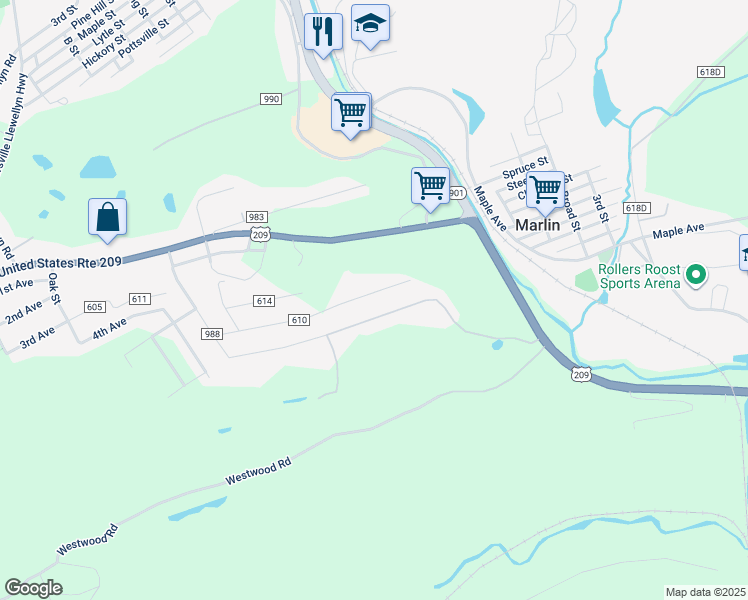 map of restaurants, bars, coffee shops, grocery stores, and more near 1072 Maple Street in Pottsville