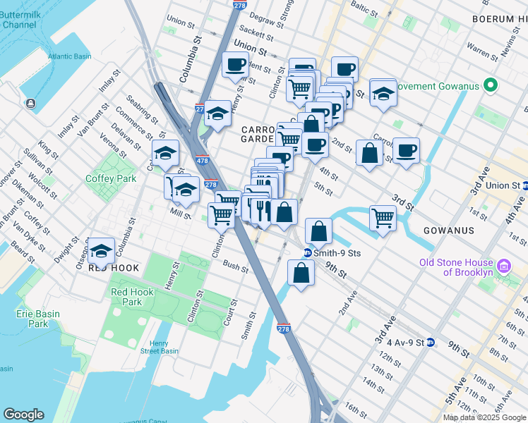 map of restaurants, bars, coffee shops, grocery stores, and more near 519 Court Street in Brooklyn