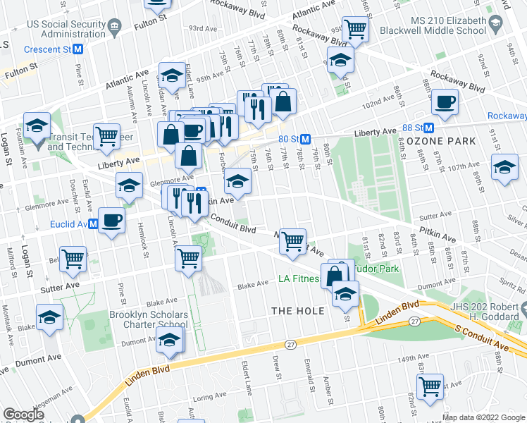 map of restaurants, bars, coffee shops, grocery stores, and more near 75th Street in New York