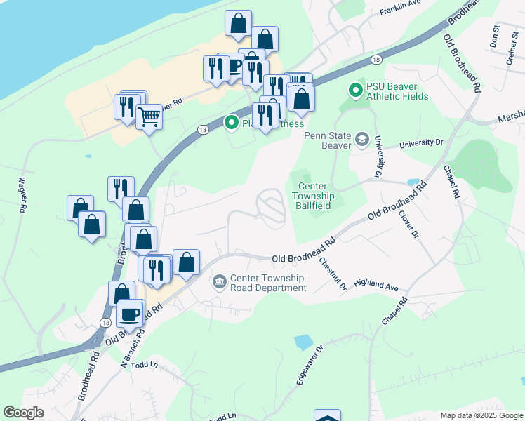 map of restaurants, bars, coffee shops, grocery stores, and more near 400 Center Manor Drive in Monaca