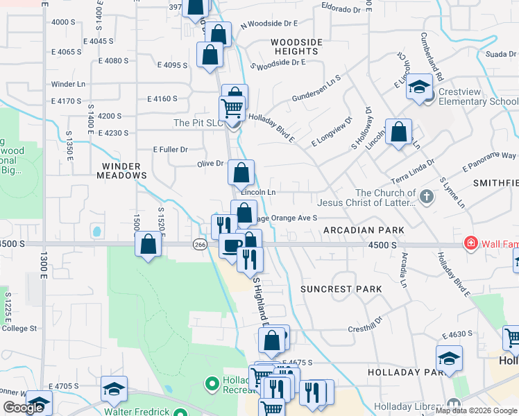 map of restaurants, bars, coffee shops, grocery stores, and more near 1782 Kiera Court in Holladay