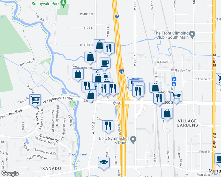 map of restaurants, bars, coffee shops, grocery stores, and more near 4465 Century Drive West in Murray