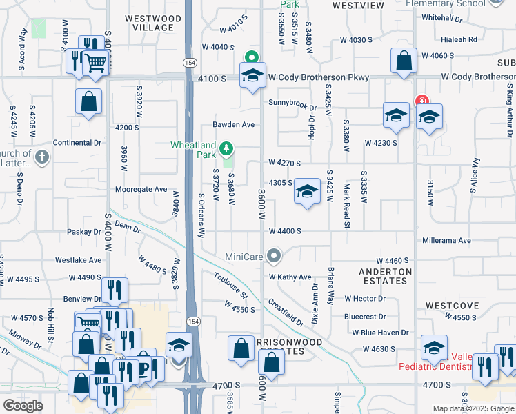 map of restaurants, bars, coffee shops, grocery stores, and more near 3650 West 4400 South in Salt Lake City