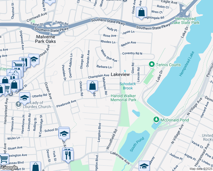map of restaurants, bars, coffee shops, grocery stores, and more near 11 Scaneateles Avenue in West Hempstead
