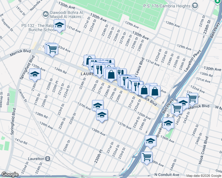 map of restaurants, bars, coffee shops, grocery stores, and more near 134-25 229th Street in Queens