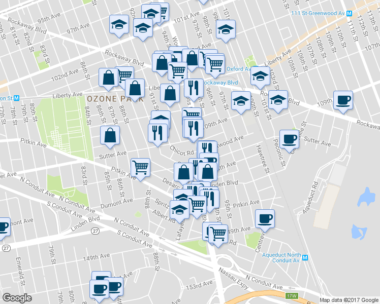map of restaurants, bars, coffee shops, grocery stores, and more near 91-40 Chicot Road in Queens