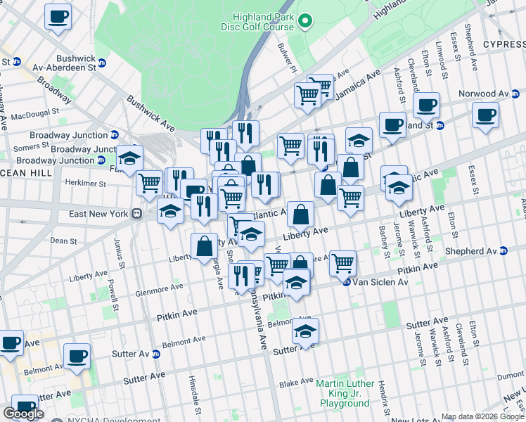 map of restaurants, bars, coffee shops, grocery stores, and more near 2664 Atlantic Avenue in Brooklyn