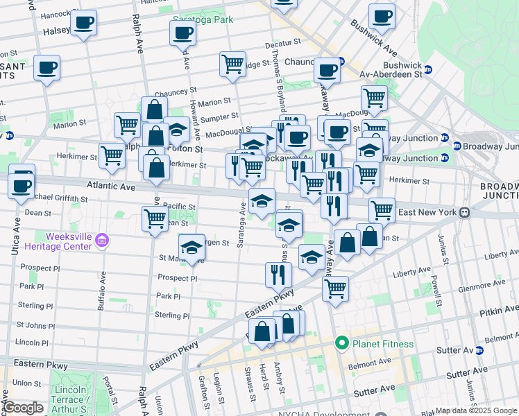 map of restaurants, bars, coffee shops, grocery stores, and more near 2161 Dean Street in Brooklyn