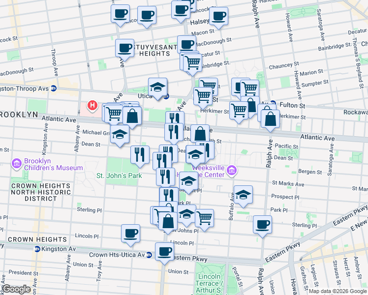 map of restaurants, bars, coffee shops, grocery stores, and more near 1776 Dean Street in Brooklyn