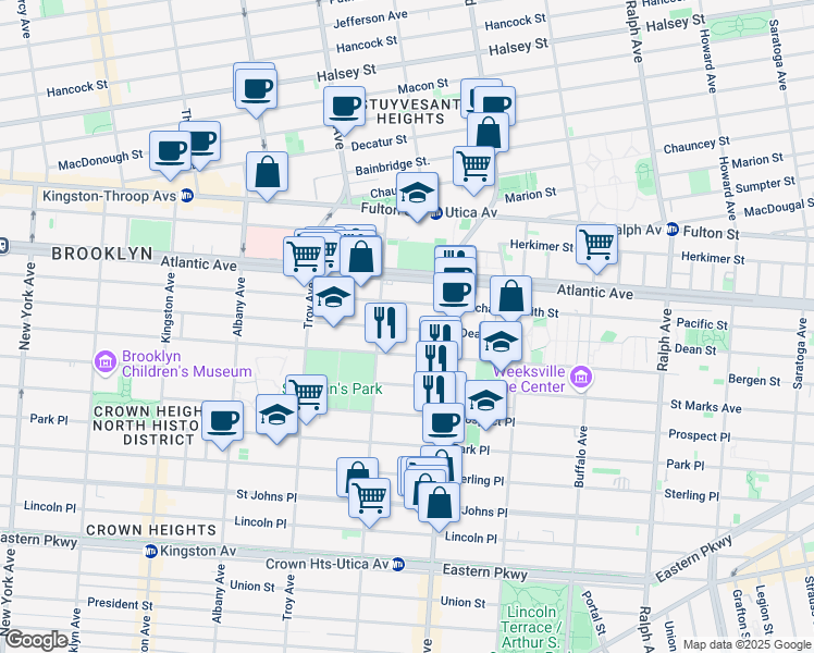 map of restaurants, bars, coffee shops, grocery stores, and more near 1694 Dean Street in Brooklyn