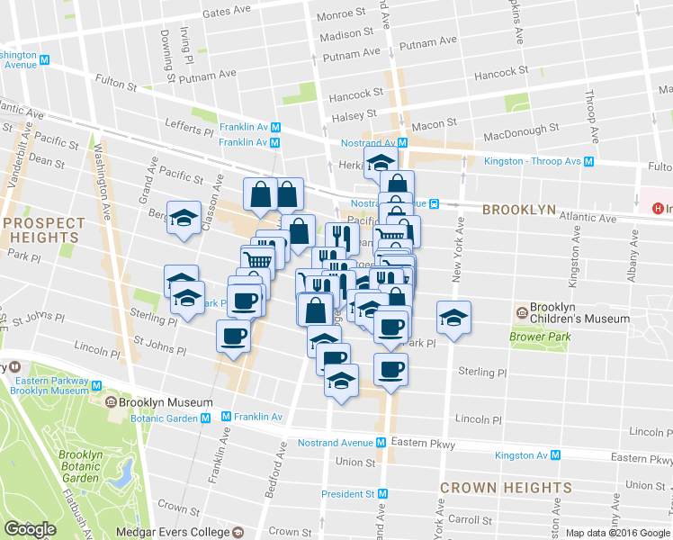 map of restaurants, bars, coffee shops, grocery stores, and more near 1391 Bedford Avenue in Brooklyn