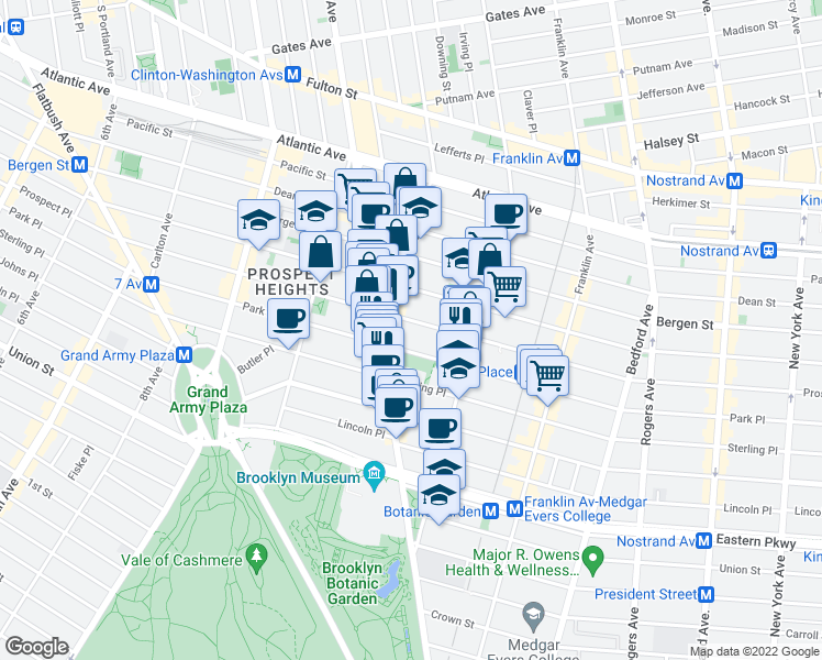 map of restaurants, bars, coffee shops, grocery stores, and more near 473 Park Place in Brooklyn