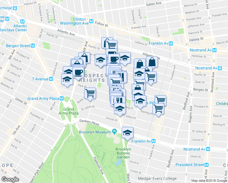 map of restaurants, bars, coffee shops, grocery stores, and more near 748 Washington Avenue in Brooklyn