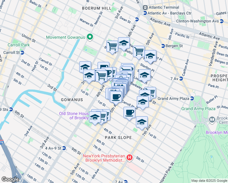 map of restaurants, bars, coffee shops, grocery stores, and more near 212 5th Avenue in Brooklyn
