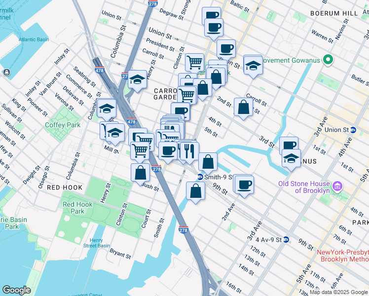 map of restaurants, bars, coffee shops, grocery stores, and more near 489 Court Street in Brooklyn