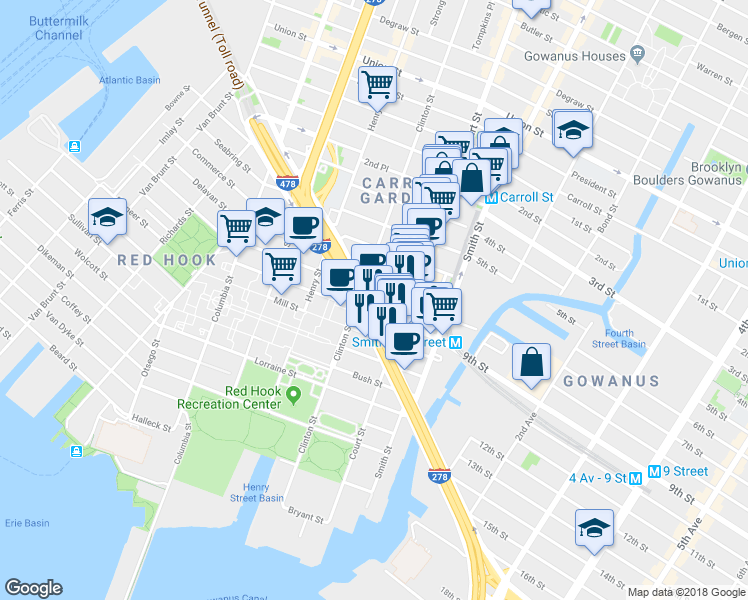 map of restaurants, bars, coffee shops, grocery stores, and more near 316 Hamilton Avenue in Brooklyn