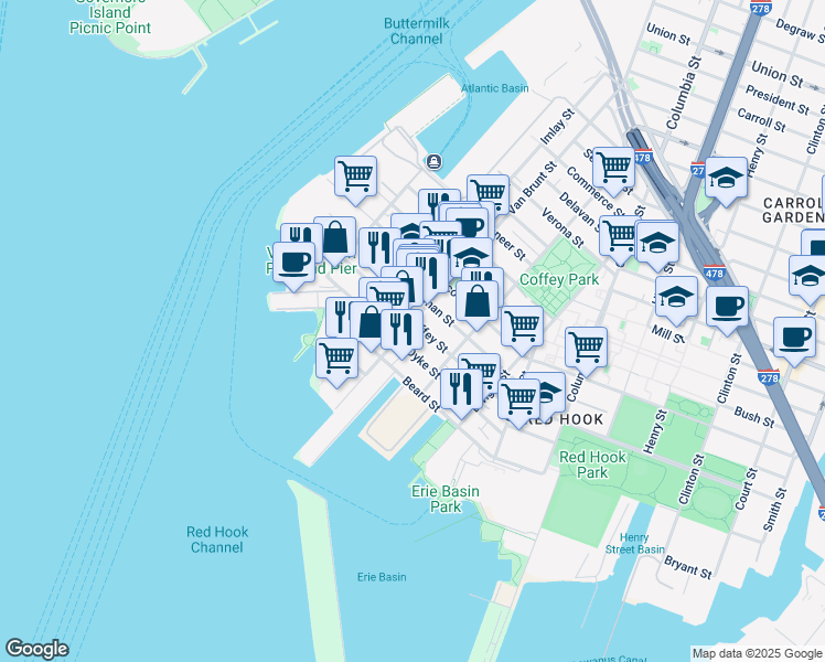 map of restaurants, bars, coffee shops, grocery stores, and more near 405 Van Brunt Street in Brooklyn