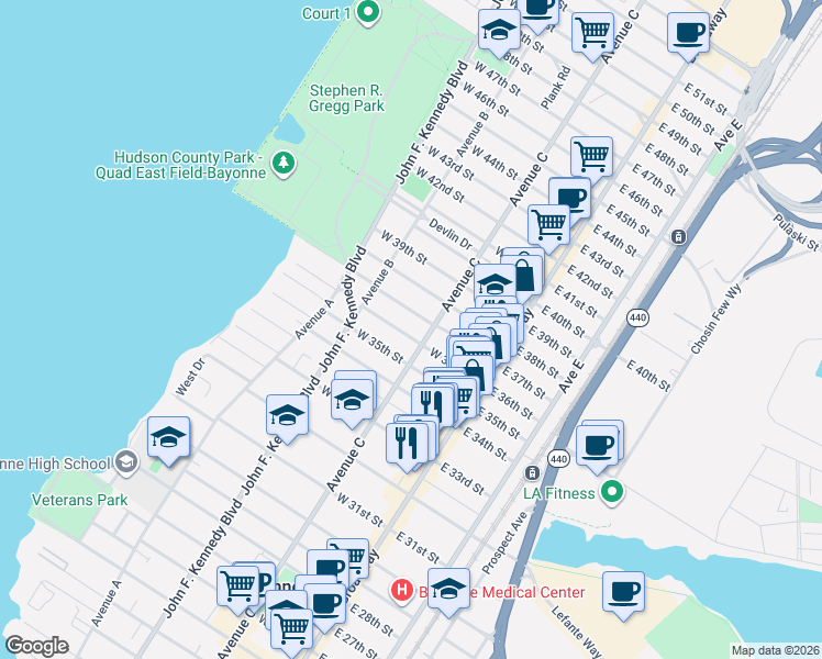 map of restaurants, bars, coffee shops, grocery stores, and more near 815 Avenue C in Bayonne