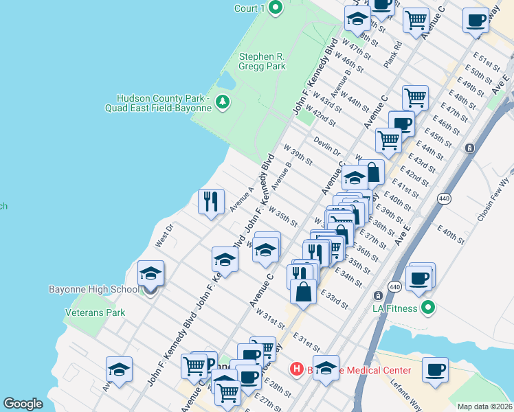 map of restaurants, bars, coffee shops, grocery stores, and more near in Bayonne
