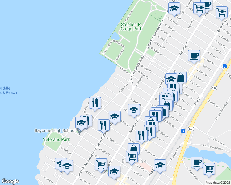 map of restaurants, bars, coffee shops, grocery stores, and more near 794 Avenue A in Bayonne
