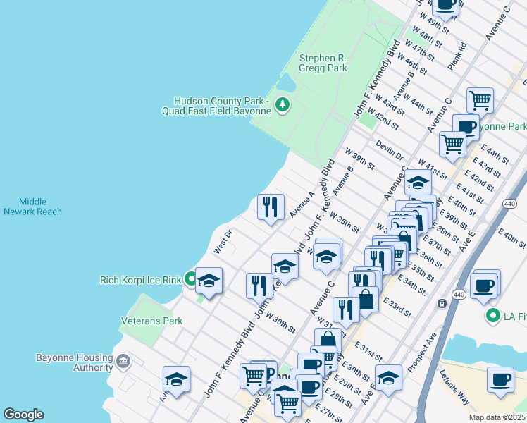 map of restaurants, bars, coffee shops, grocery stores, and more near 154 West 33rd Street in Bayonne