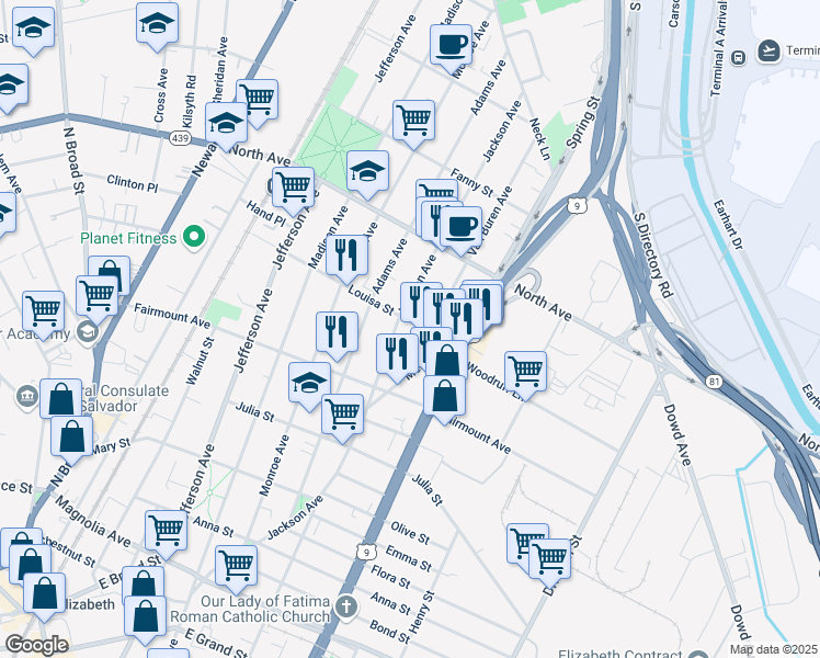 map of restaurants, bars, coffee shops, grocery stores, and more near 650 Van Buren Avenue in Elizabeth