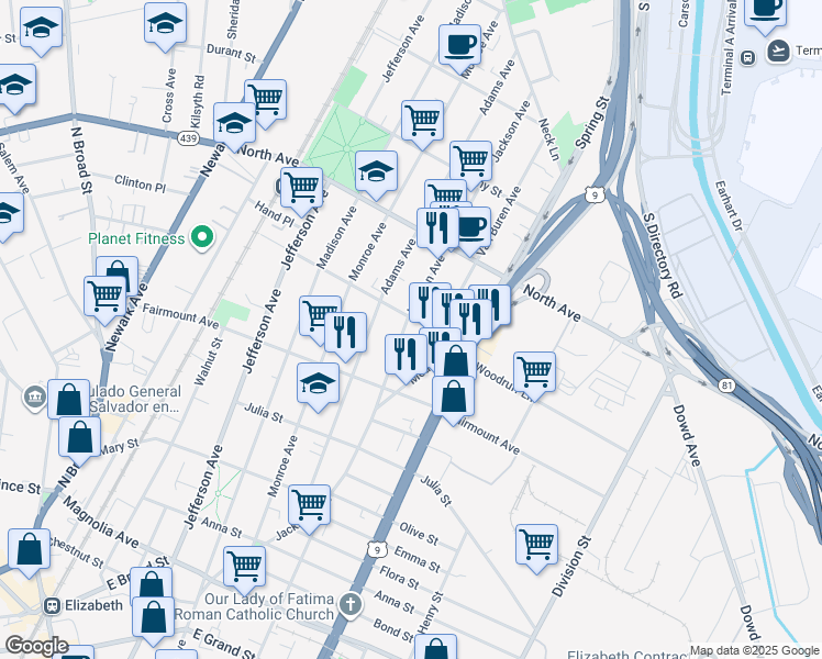 map of restaurants, bars, coffee shops, grocery stores, and more near 650 Van Buren Avenue in Elizabeth