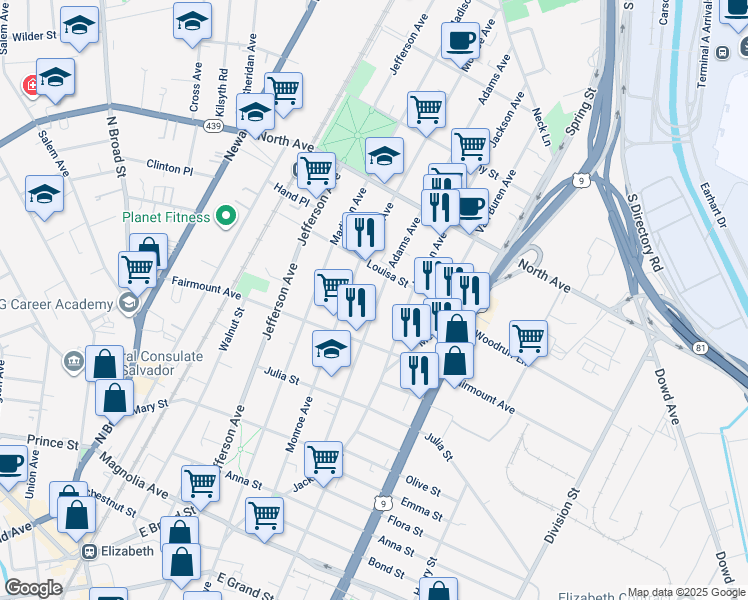 map of restaurants, bars, coffee shops, grocery stores, and more near 620 Adams Avenue in Elizabeth